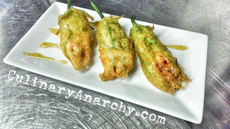 Tempura Fried Squash Blossoms with Rosemary infused Honey